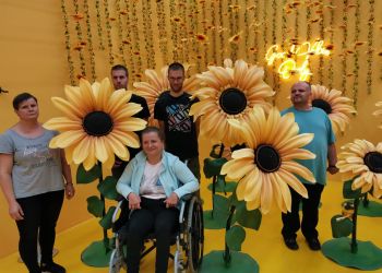 Powiększ zdjęcie: pięciu podopiecznych stoi, jedna osoba jest na wózku, pośród żółtych, przewyższających ich kwiatów